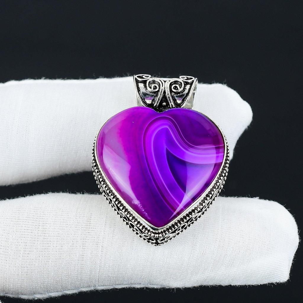 Natural Purple Botswana Agate Gemstone Silver Pendant in 925 Sterling Silver- Handmade Heart Design, Everyday Wear Jewelry, Unique Pendant Gifts