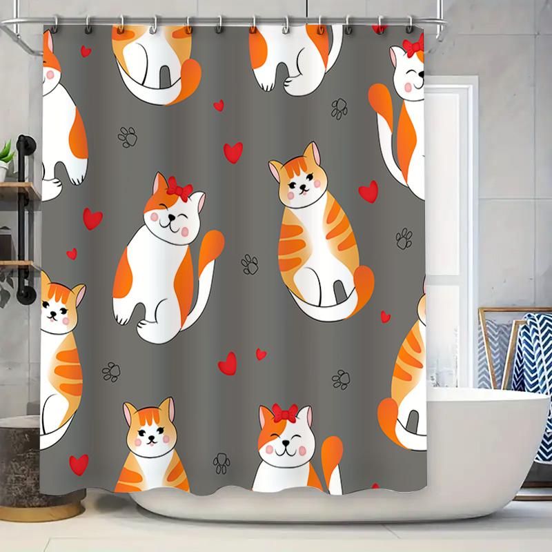 

Creative Cartoon Cat Shower Curtain Decor Cute Animal Print Fabric Waterproof Home Decoration Bathroom Accessories Set Orange Wh W60H190(CM)-1 Pcs