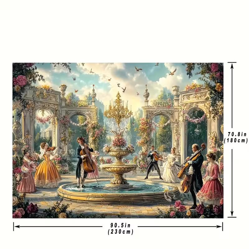 Arazzo Romantico Rococò 2D, Cortile con Fontana & Musicisti Classici Sfondo Murale
