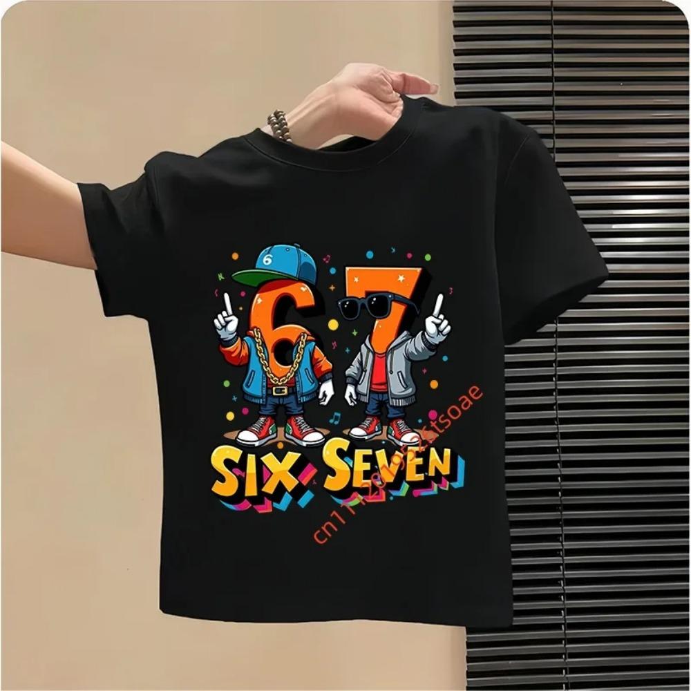 Lustiges Sechs Sieben Italienisches Brainrot 67 Zahlen Grafikdruck T-Shirt Junge/Mädchen Sommer Kurzarm Kinder Locker Bequem T-Shirt Oberteil