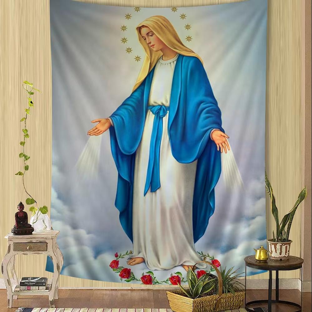 VIKAMA Scandinavian Icon Tapestry Virgin Mary Hand Painted Halo Clouds Starburst Church Meditation Room Bedroom Religious Art