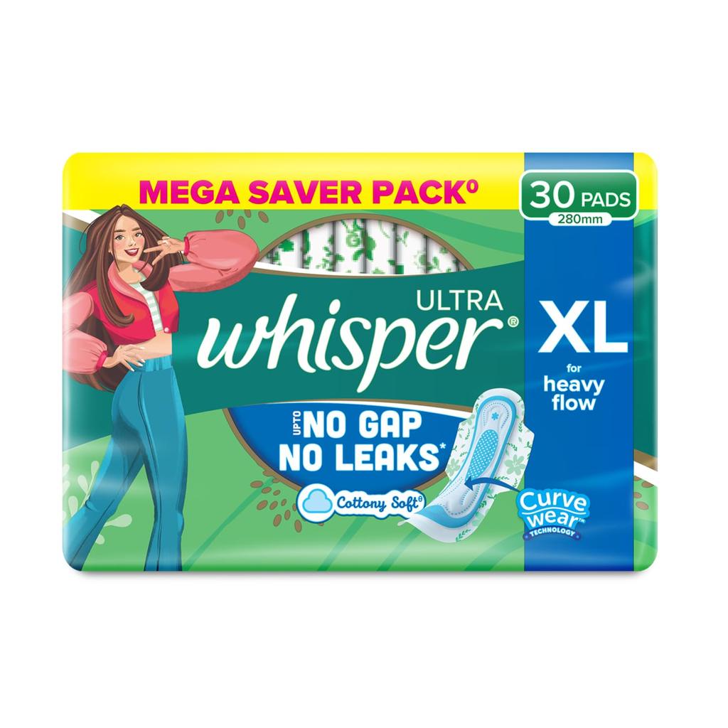 Whisper Ultra Upto No Gap No Leaks* Sanitary Pads, 30 Xl Pads, For Heavy Flow Protection, With Curvewear Technology, Cotton Like Softness, Disposab