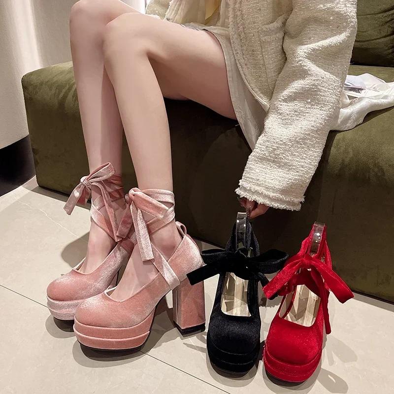 High Heel Round Head Leggings Lace Up Women's High Heel Shoes 2024 Hot Selling High Quality Elegant Women's Shoes