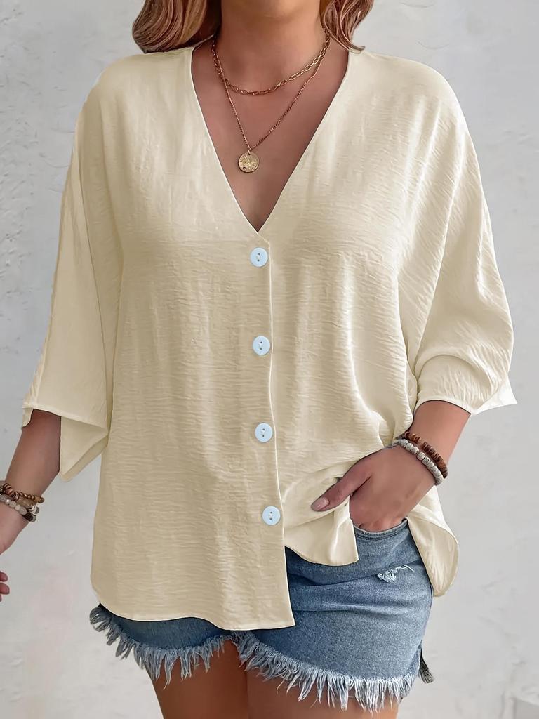Spring/Autumn 2025 Women's V-neck Ice Silk Wrinkled Cardigan, Solid Color, Three-Quarter Sleeve, Loose Fit