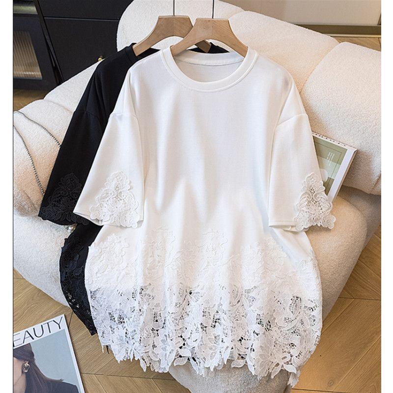Fashionable Lace Spliced Round Neck Short-sleeved T-shirt for Women In Summer Loose Versatile Top Casual Versatile Pullover