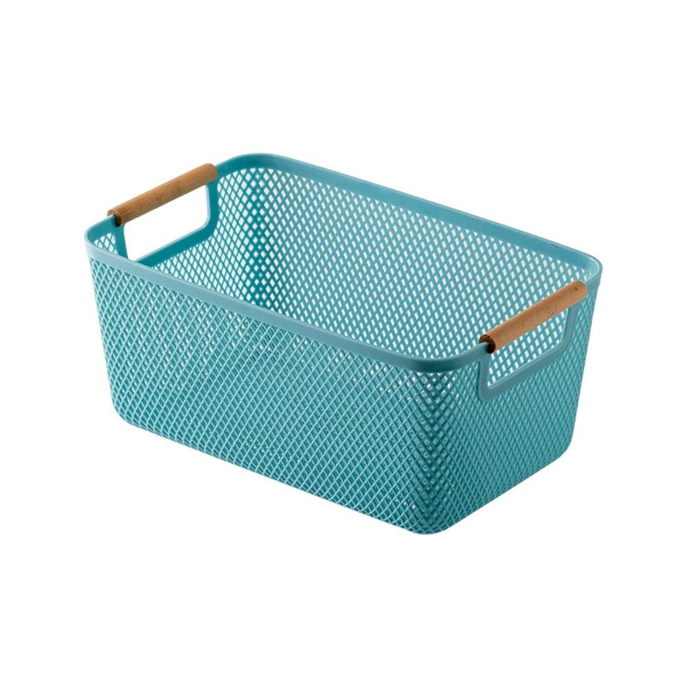 Wood Handle Sundry Storage Basket Rectangle Woven Mesh Basket Household Organizer