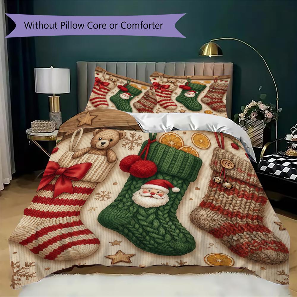 Stockings Ornaments Pattern Bedding uilt Set uilt Cover Pillowcase Home Decoration Birthday Gift (1 * duvet cover + 2 * pillowcase without core)_XIA