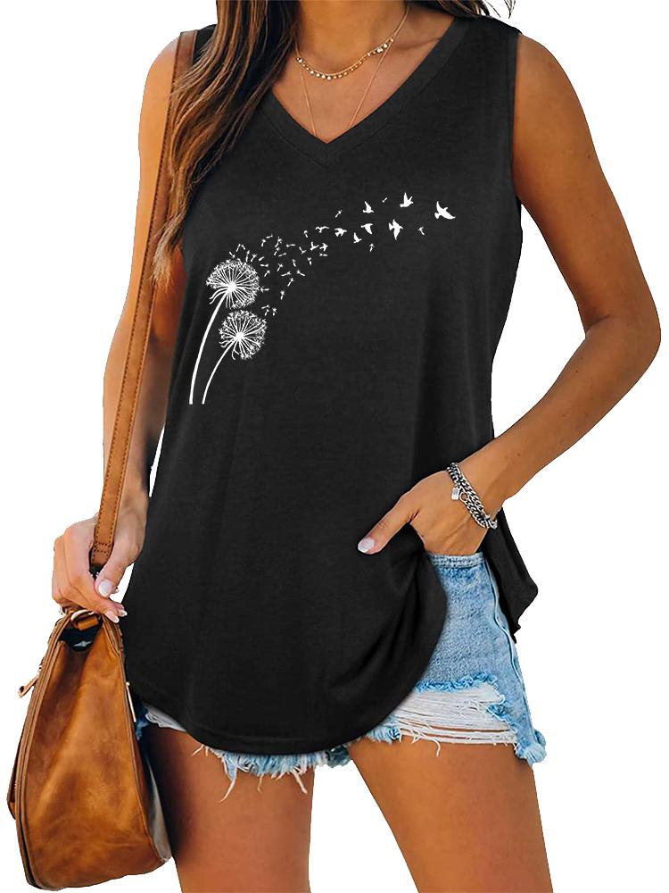 Women Fashion V Neck Printed Sleeveless Top Summer Casual Pullover Loose Tank Top