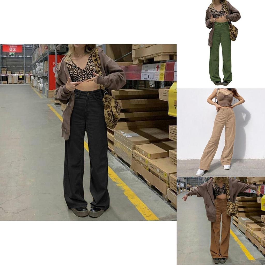 Color Solid Womens High Waist Wide Leg Slimming Casual Fashion Pants Corduroy