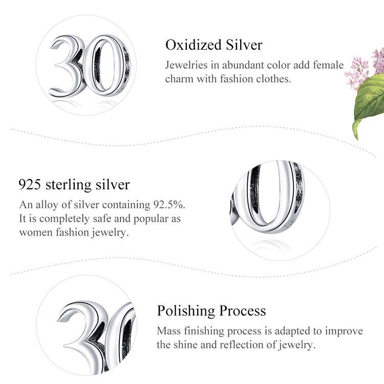 Bamoer Real 925 Sterling Silver Oxidized Silver Simple Numbers Thirty  Beads Protect Metal Charm Fit Original Silver Bracelet