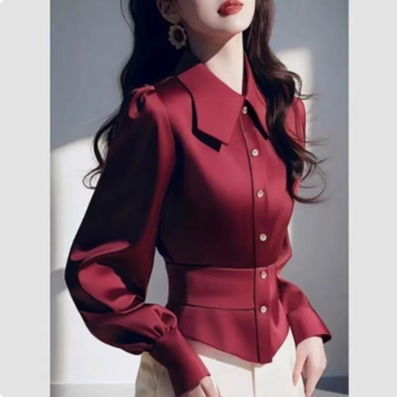 Spring Autumn Polo-neck Elegant Fashion Velvet Waist Blouse Women Long Sleeve Solid Cardigan Shirt Button Top