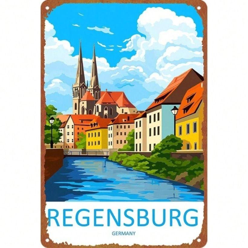 Vintage City Metal Wall Art, Regensburg Silhouette Poster for Bar