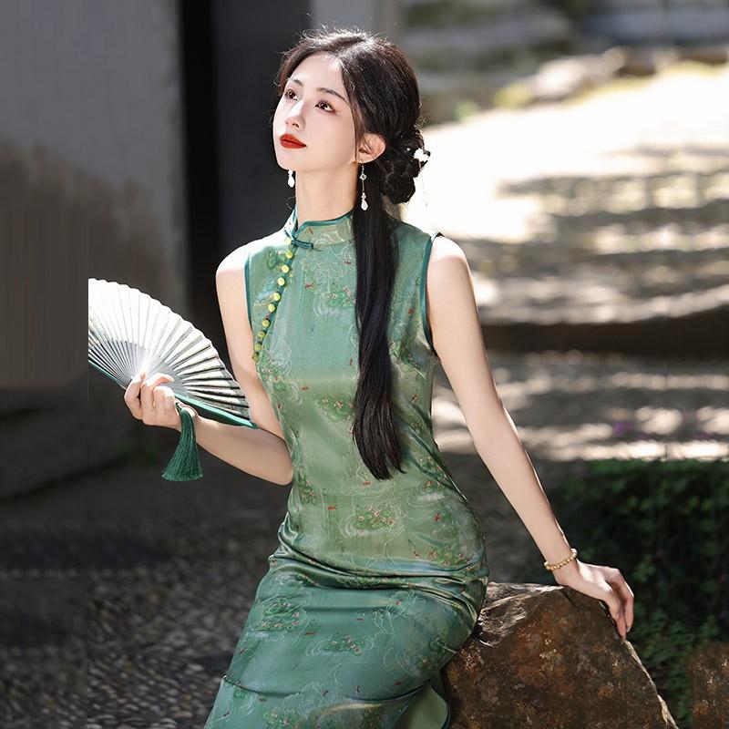Womens Sleeveless Long Cheongsam Dress Vintage Chinese Style Modern Fit Retro Floral Jacquard