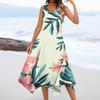 Abito midi da donna casual alla moda, con scollo rotondo, senza maniche, stampa floreale e orlo irregolare