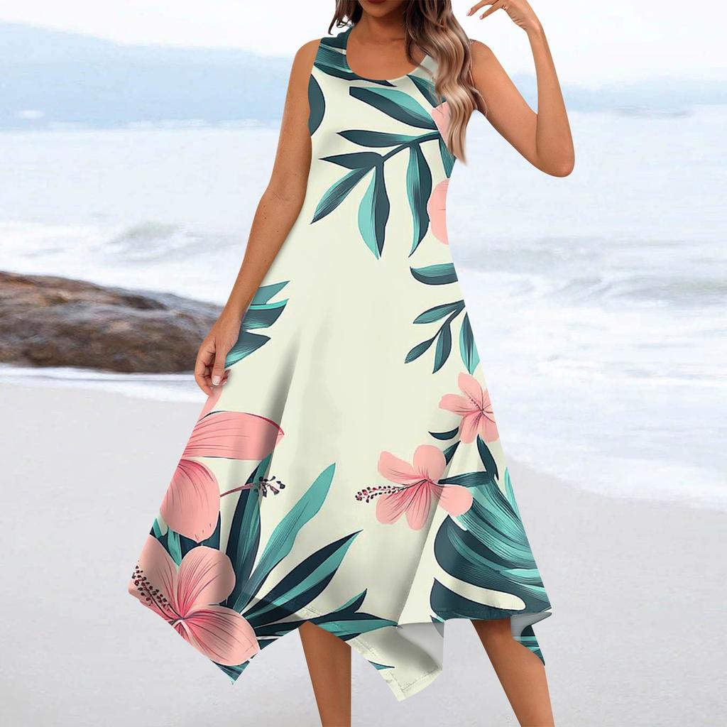Abito midi da donna casual alla moda, con scollo rotondo, senza maniche, stampa floreale e orlo irregolare