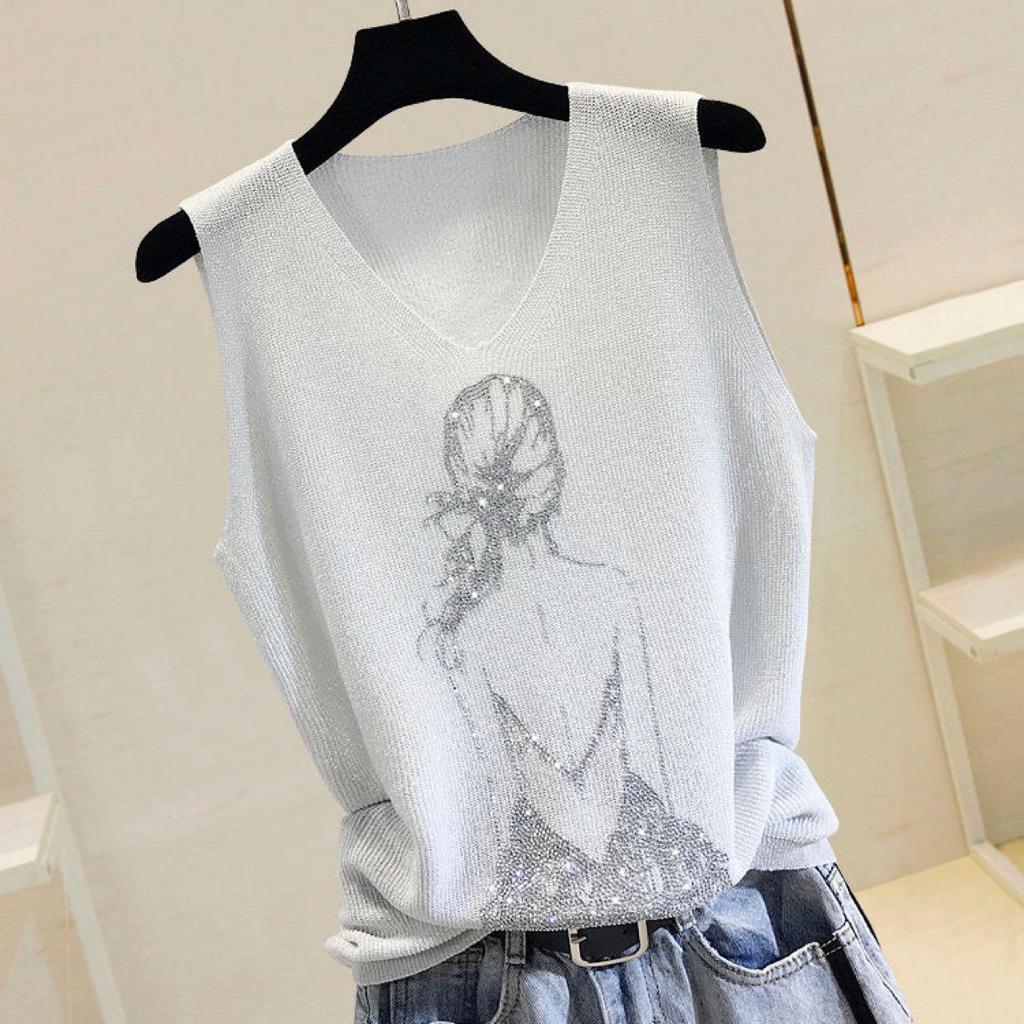 2023 Shiny Silk Sleeveless V-Neck Women's Vest - Spring/Summer New Style, Loose Fit with Hot Diamond Sling Knitted Design