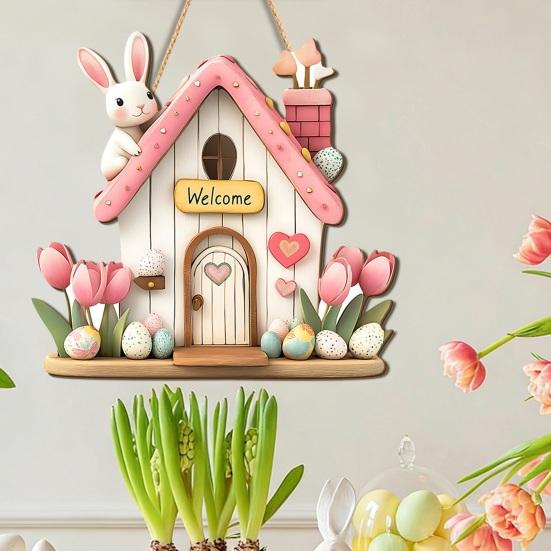 Yousheng Easter Wooden Hanging Sign, House Shape Tulip Flower Welcome Door Sign for Spring, Holiday, Indoor, Outdoor, Home, Porch, Front Door