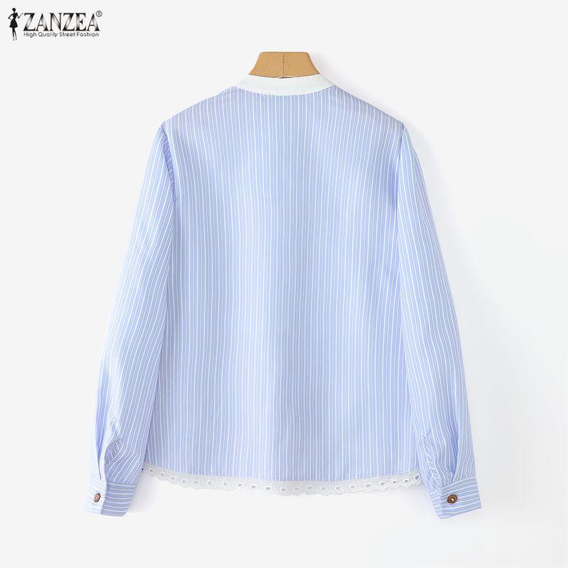 ZANZEA Women Casual Round Neck Long Sleeve Lace Splice Stripe Blouse