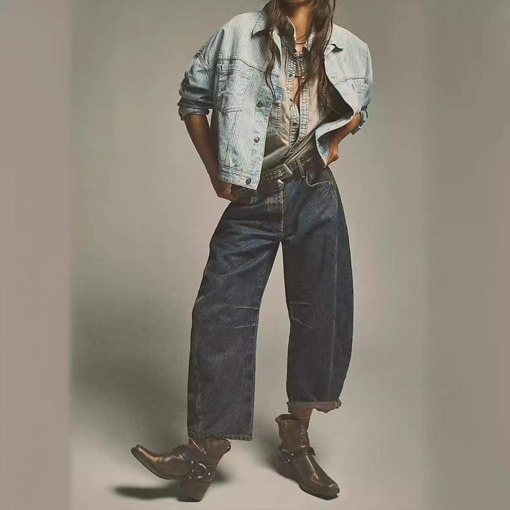 Damen Jeans mit mittlerer Taille, locker, weiter Beinschnitt, Vintage-Waschung, lange Denim-Hose, lässige Streetwear Hosen