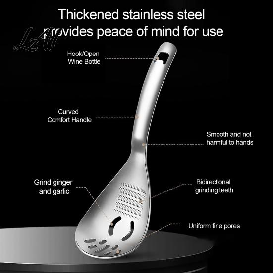 Efficient Food Prep Grinder Stainless Steel Slotted Spoon with Bottle Opener & Ginger Grater Fine Tooth Handheld Vegetable Puree Maker Manual