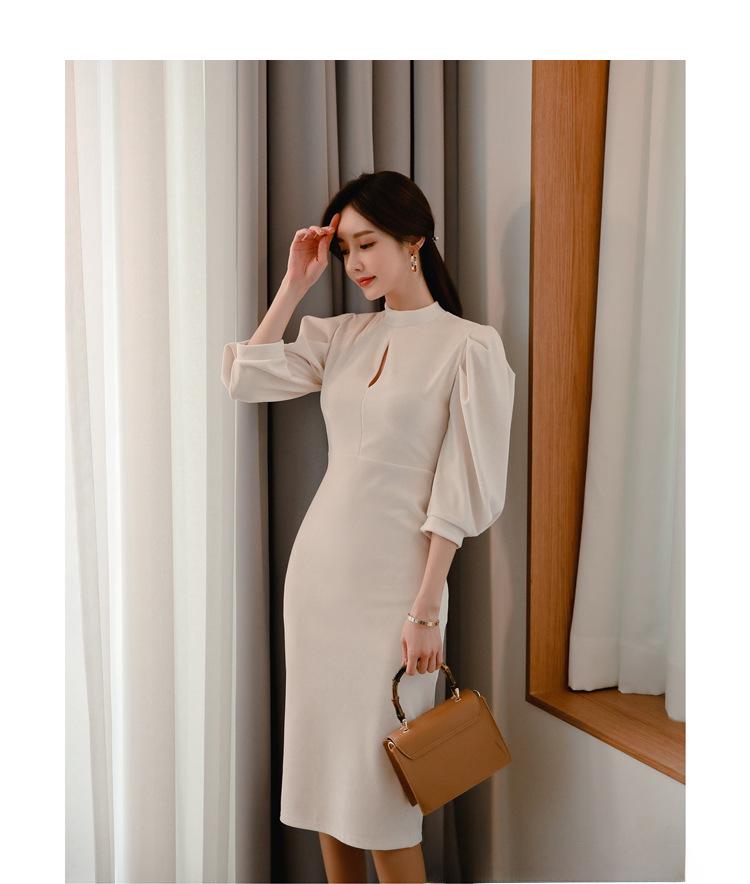 French Chic Stand-Up Collar Slim Lantern Sleeve Dress