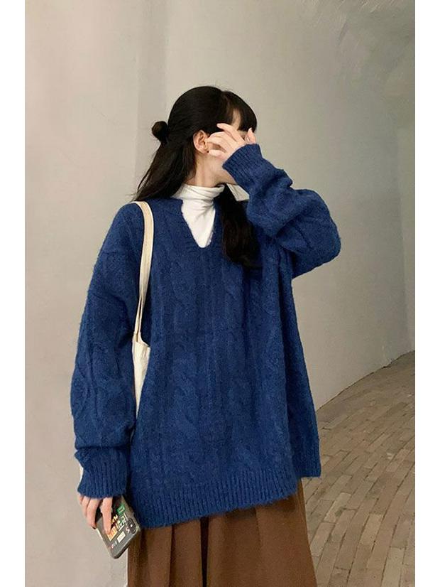 Twist V-Neck Women's Oversized Sweater - New Spring/Summer Korean Style Thick Knit Pullover
