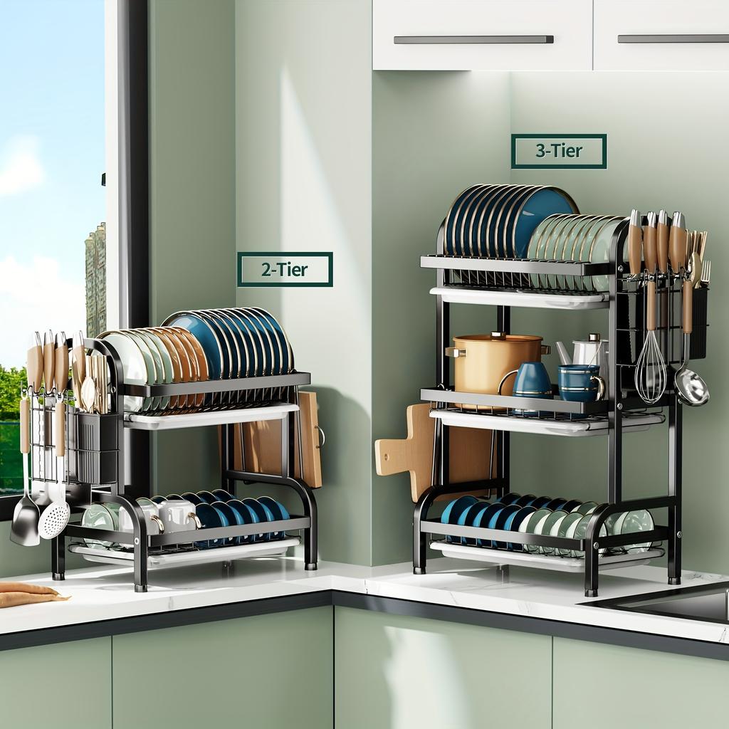 1pc 2/3-Tier Dish Rack for Kitchen Counter,Dish Racks with Drainboard for Kitchen Countertop,Metal Dish Drainer with Utensil Holders