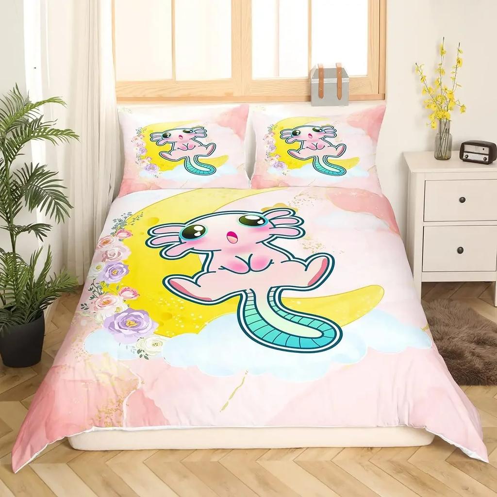 Comforter Cartoon Pink Axolotl Floral King Queen Kawaii Salamander Bedding Set 3D Animal Polyester Comforter