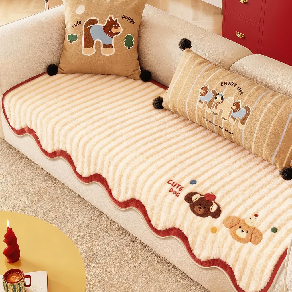One-Piece Model Cute Cartoon Style Plush Sofa Cover  New Fixed Anti Slip Anti Cat Scratch Straight Row Sofa Cover Cushion