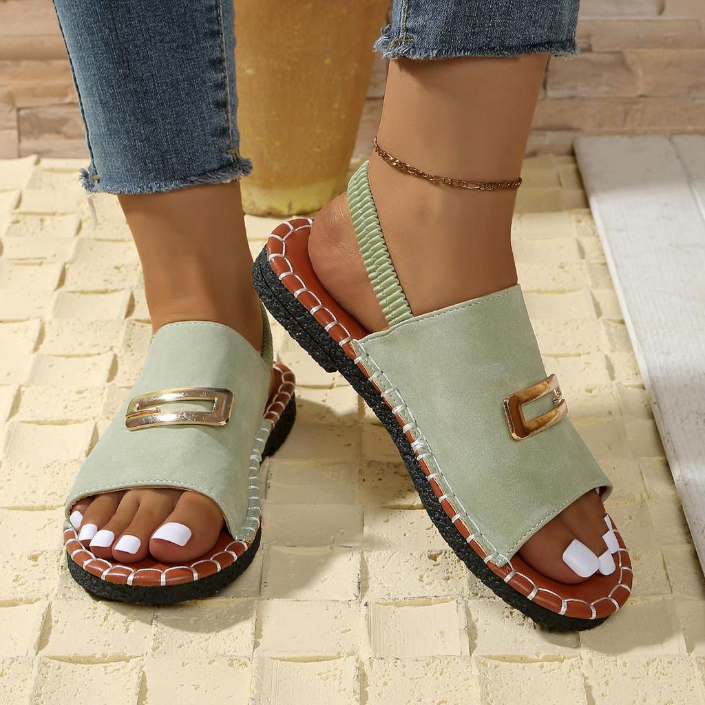 Women's European & American Flat Sandals with Elastic Fabric Band and Metal Accents, Plus Size, Beach-Ready.