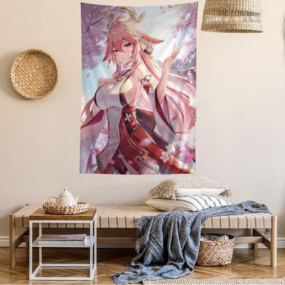 Yae Miko Genshin Impact Anime Tapestry  Hippie Flower Print Acts As Wall Hanging Dorms  Enhancing Home Atmosphere