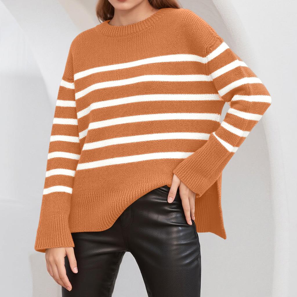 Women's Casual Striped Loose Round Neck Pullover Sweater