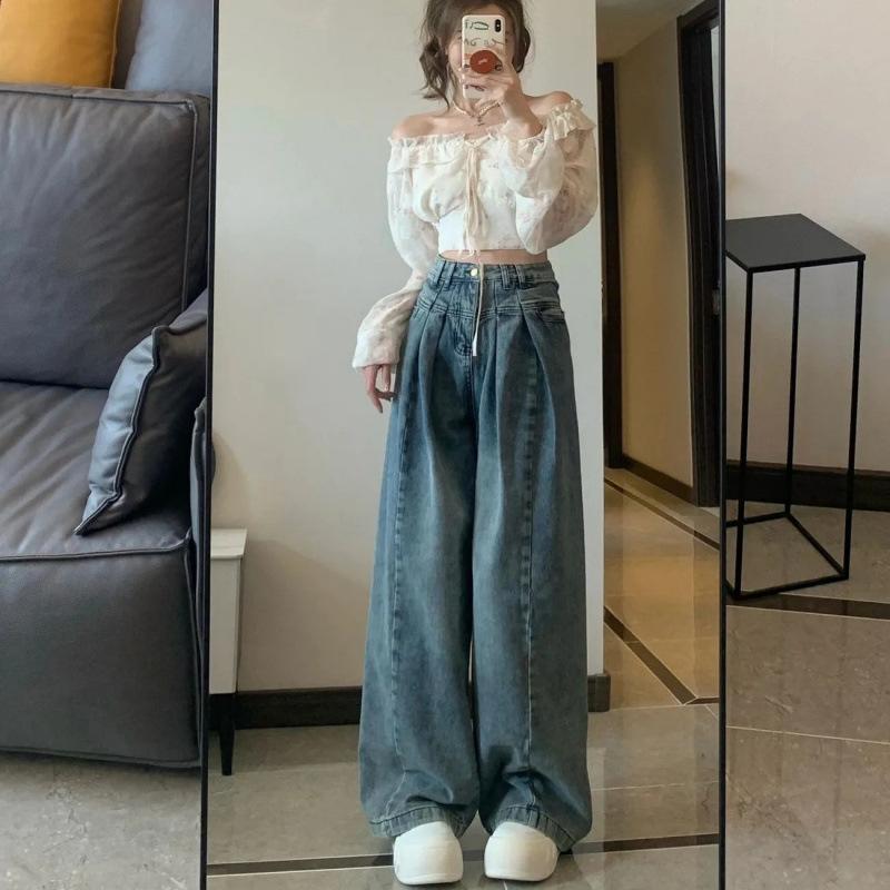 

Маленький дизайн плиссированные джинсы с высокой посадкой и широкими штанинами женские весенние новые модные универсальные уличные ретро брюки 2XL синий