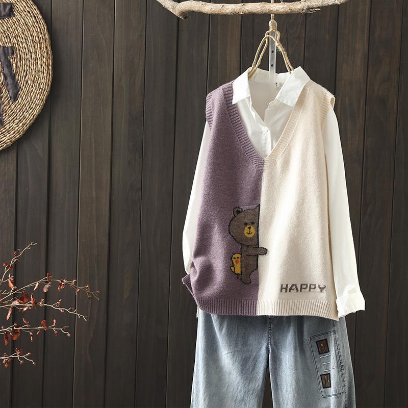 

Весенне-осенний новый простой вязаный жилет в тон, женский свободный вязаный свитер с диким v-образным вырезом и мультяшным узором One Size фиолетовый