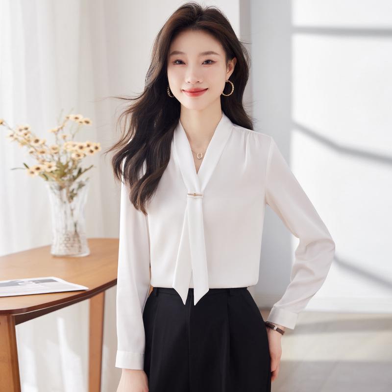 2024 Frühling Damen Stehkragen Bindeband Satin Fließende Bluse - Lockere Passform, Professionelles OL-Design