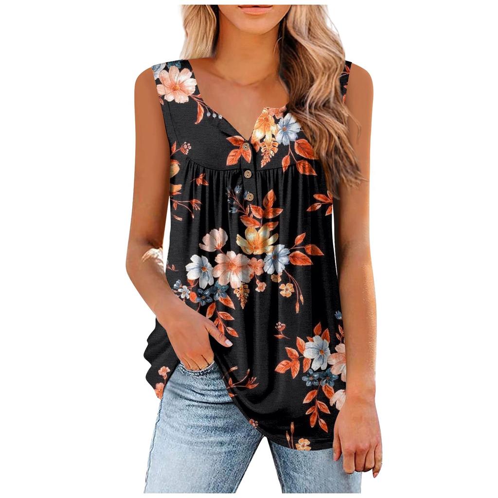 Women's Fashion Floral Printing Pleated Sleeveless Casual T-shirt Vest Button Top