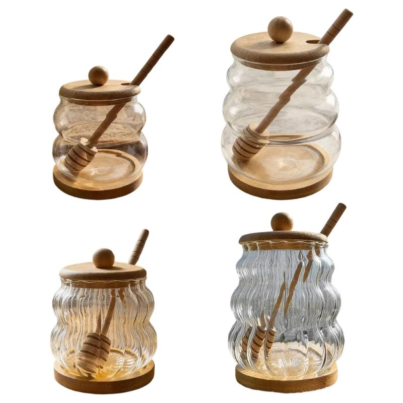 High Borosilicate Glass Jar Shatterproof Temperature Resistant Honeys Container Wood Stirring Stick and Lid for Kitchen