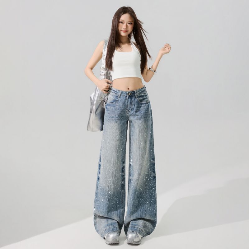 Spring Summer Full Bling Rhinestone Lightning Cat Whisker Detail Wide Leg Comfy Casual Denim Pants Female Casual Pants Oversize Denim Trousers