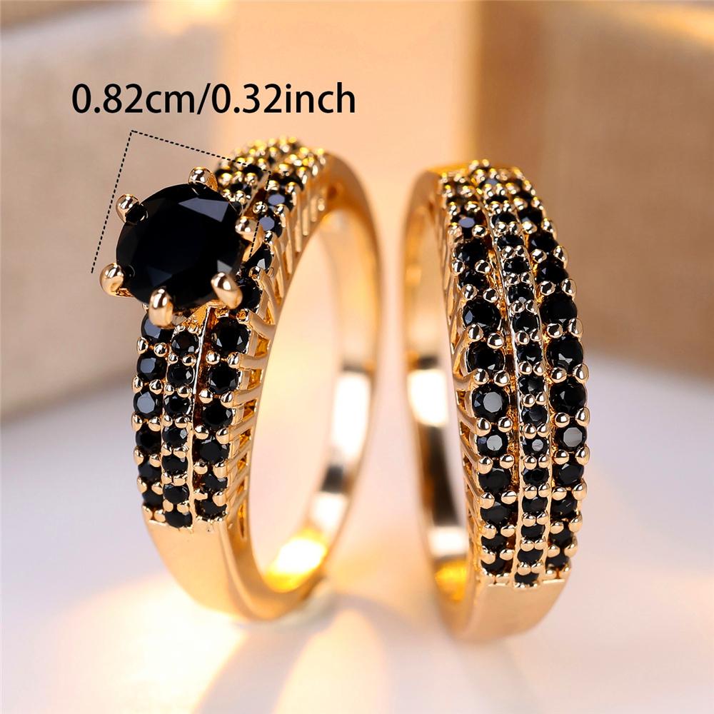 Crystal Female Purple Black Blue Zircon Round Stone Ring Set Vintage Gold Color Bridal Wedding Jewelry For Women