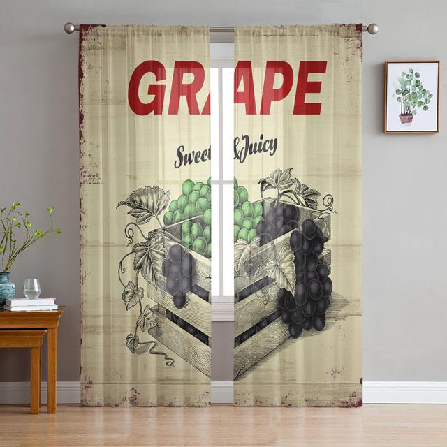 Vintage Venkovský styl Ovoce Jídlo Víno Tyl Závěsy do obývacího pokoje Výzdoba ložnice Průhledný Průsvitný Voál Závěs na okno