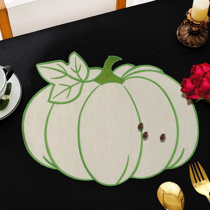 Embroidered Leaf Pumpkin Placemat Natural Cotton Linen Non-Slip Heat Resistant Table Mat for Farmhouse Style Dining Table Decor