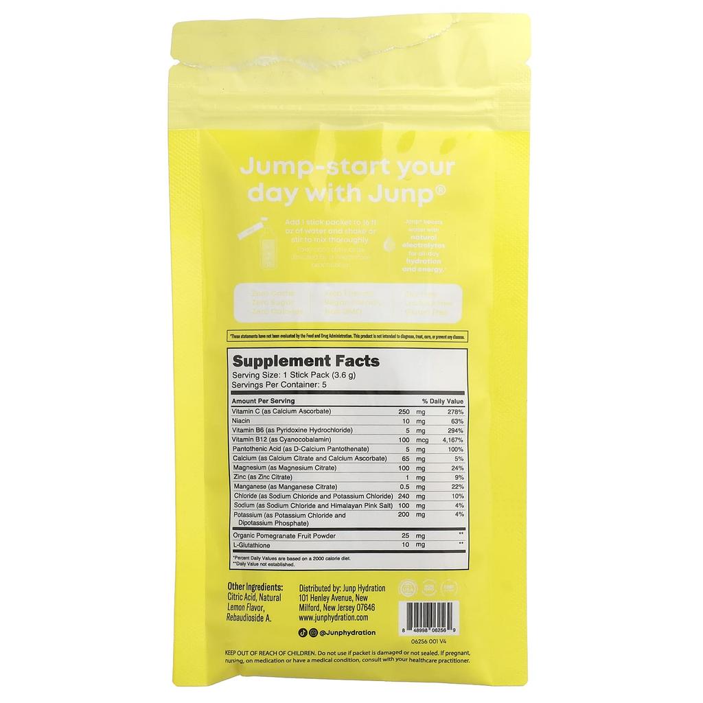 JUNP Hydration, Electrolyte Powder Mix, Lemon, 5 Stick Packs, 3.6g (0.13oz) Each