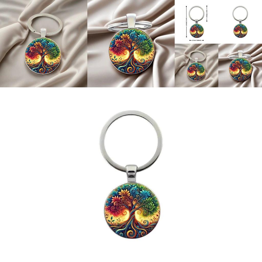 Life Tree Glass Pendant Keychain With Vibrant Line Design For Celebration And Souvenir Use