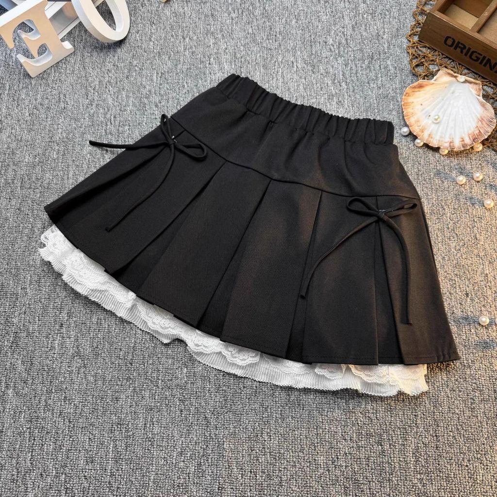 2025 Spring/Summer Girls' Korean Style Bow Lace Pleated Skirt Set