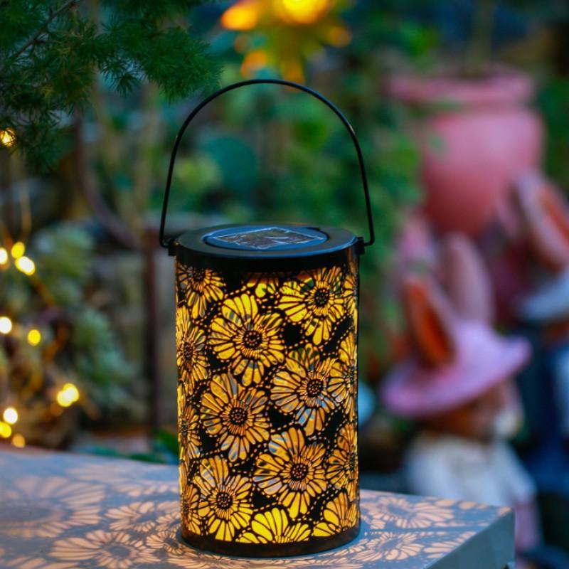 Solar Iron Hollow Lantern Outdoor Waterproof 3d Dynamic Projection Butterfly Projection Courtyard Iron Hanging Light Lawn Landscape Light