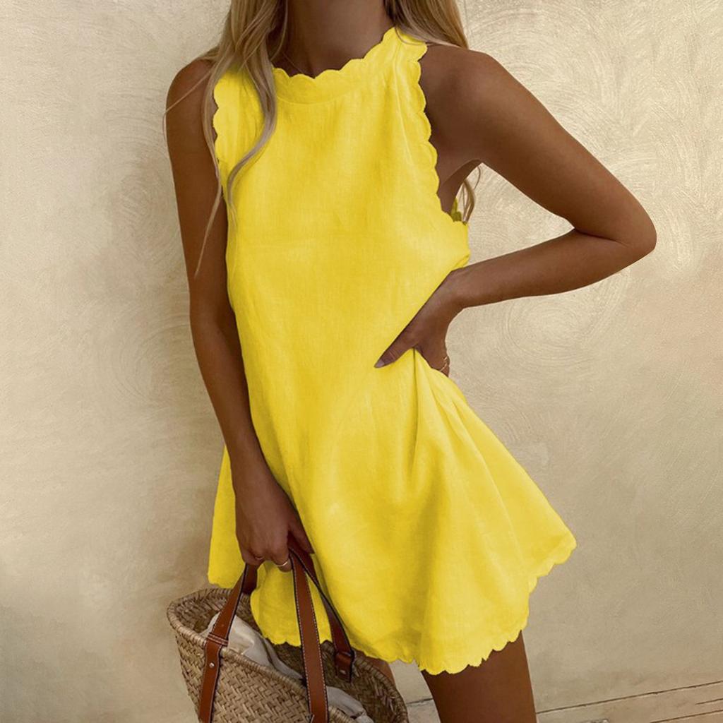 Women's Spring/Summer Solid Scalloped Trim Sleeveless Casual Dress