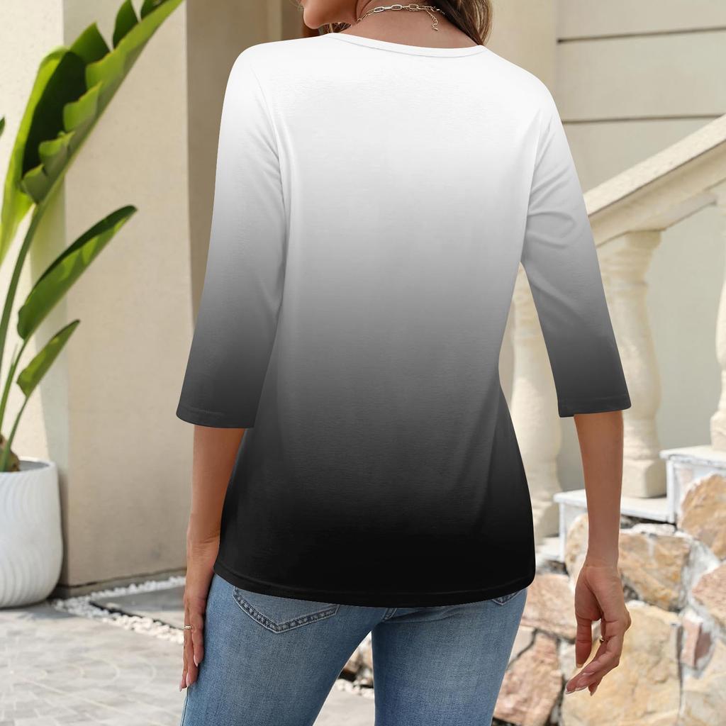 Kadın Moda Rahat Üç Çeyrek Kol Baskılı Yaka Kazak Üst