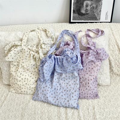 Fresh and Sweet Floral Ruffle Edge Shoulder Bag Large Capacity Student Class Bag Fashionable Chiffon Tote Bag