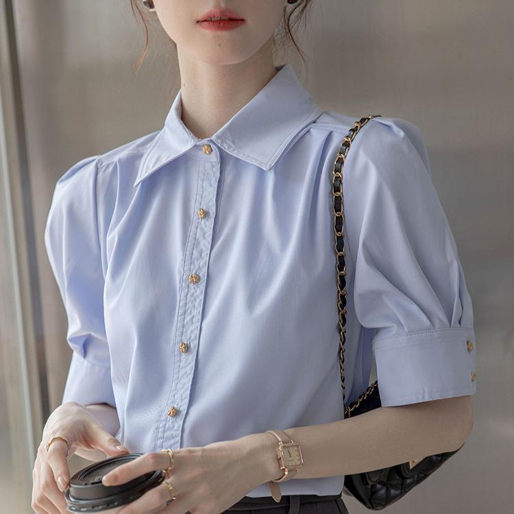 Blue Shirt Interview Summer 1116 New French Commuter Shirt Temperament Short Sleeve Professional Polo Collar Top Trend