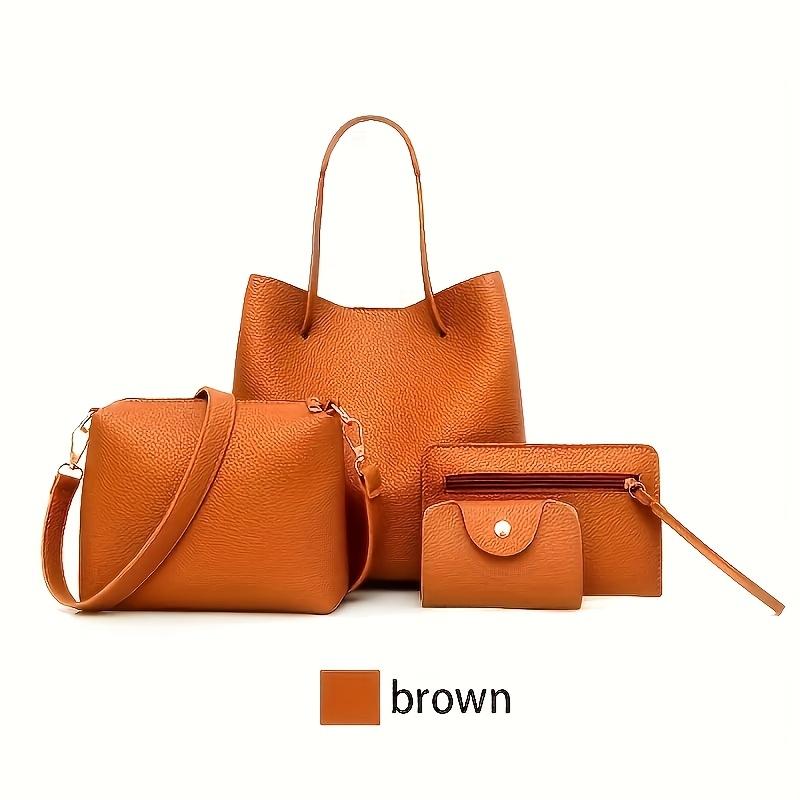 4pcs Women's Bag Set, Including An Elegant Synthetic Leather Tote Bag Series - Solid Colors, Lychee Texture, Multifunctional Stylish Tote Bag, Wallet